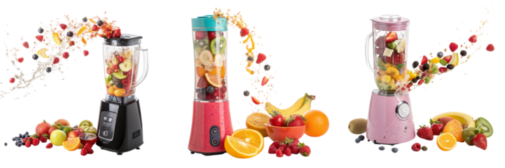  Set of a blender standing with fruit splashin isolated on a transparent background