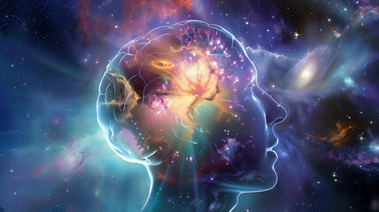 Obraz premium This digital mind merging with cosmic energy, symbolizing exploration and memory upload.