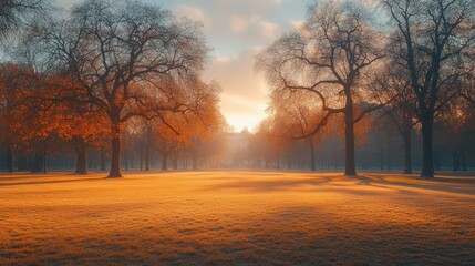 Serene autumn sunrise illuminating a misty park with frost-covered trees and golden grass.