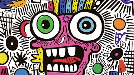Playful Colorful Cartoon Face with Abstract Shapes and Lines