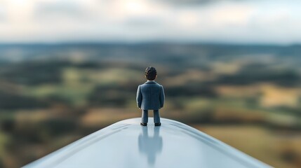 Obraz premium Miniature businessman sitting on the wing of an airplane in a surreal travel and adventure scene
