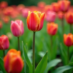 Single orange tulip in flowerbed, green leaves, floral, flowerbed, leaves