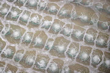 Biological treatment process in aeration basin closeup. Specialized equipment serves for breakdown...