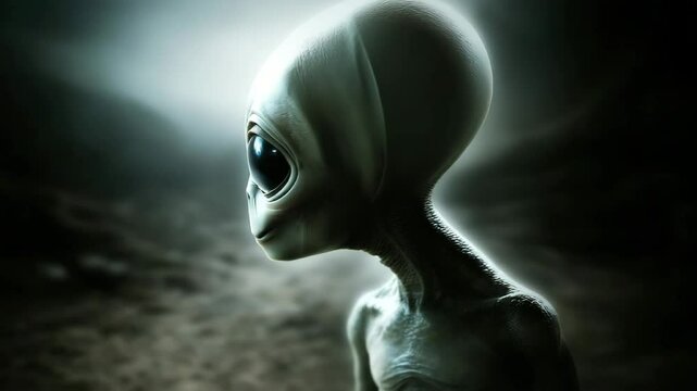 Alien with big black eyes looks to the side on a dark space background 