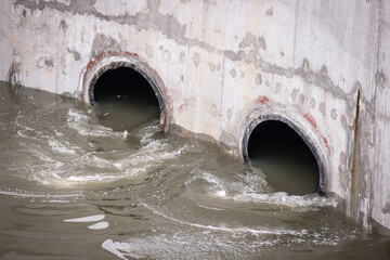 Biological treatment process in aeration basin closeup. Specialized equipment serves for breakdown...