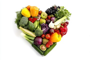 Fresh vegetables and fruits arranged in a heart shape representing healthy eating on a white background