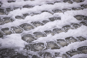 Biological treatment process in aeration basin closeup. Specialized equipment serves for breakdown...