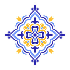 Mediterranean blue and yellow floral motif on white background. Traditional ethnic Portuguese, Moroccan, Spanish ornament, mosaic design. Vector illustration