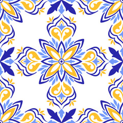 Mediterranean blue and yellow seamless pattern. Ethnic mosaic design. Portuguese, Italian, Spanish motifs. Floral ornament, graphic print for home textile or ceramic tile. Vector illustration