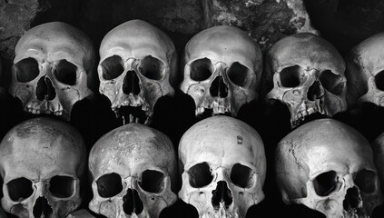 A somber monochrome depiction of numerous human skulls arranged in a neat stack, creating a poignant visual narrative of mortality and the passage of time.