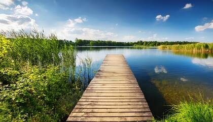 wooden pier at beautiful lake during sunny summer day suwalski landscape park podlasie poland