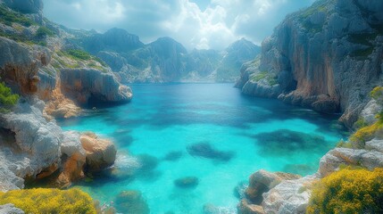 Obraz premium Serene cove with turquoise water, surrounded by dramatic cliffs and lush vegetation under a partly cloudy sky.