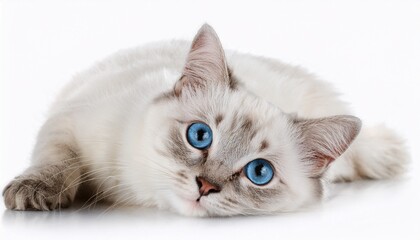 white cat with blue eyes lying down on white background