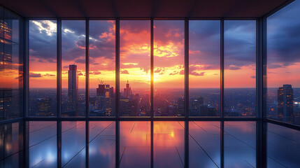 Fototapeta premium stunning city view from high rise office at dusk, showcasing vibrant sunset colors