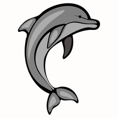Naklejka premium A stylized illustration of a dolphin, depicted in a sleek, gray design. The dolphin is shown in a leaping pose, emphasizing its playful nature and agility in water.
