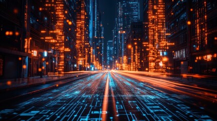 Obraz premium Futuristic city street at night with glowing digital lines on road.