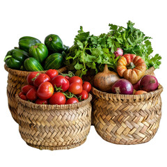 Fresh Organic Vegetables in Traditional Woven Baskets Isolated on Transparent Background