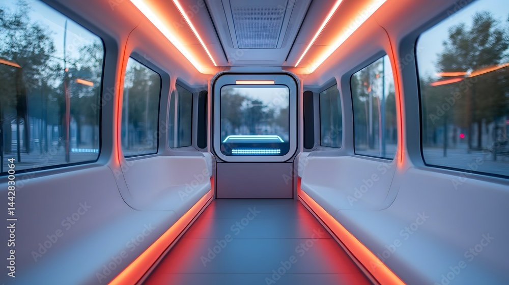Poster inside view of a clean and modern public bus