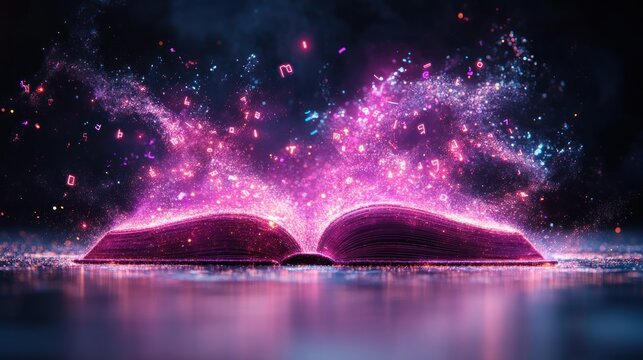 Magical glowing book open on dark surface, emitting purple and pink particles.