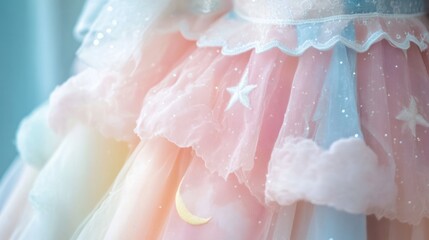 Delicate pastel rainbow tulle dress with stars and moon appliques