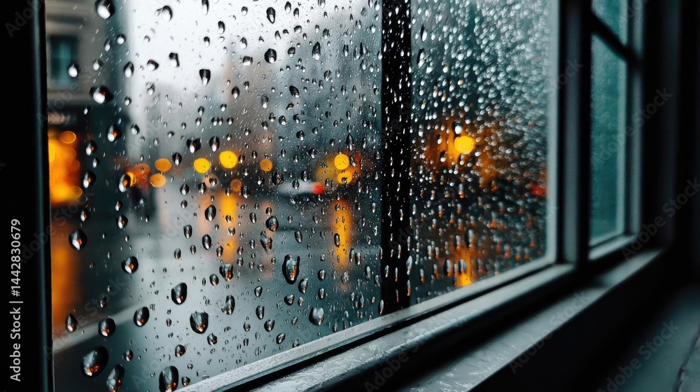 Aufkleber raindrop on a window across cityscape with layered water texture concept. raindrops on a window crea
