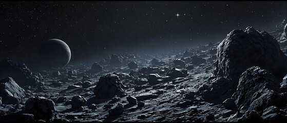 Alien Planet Dark Rocky Landscape with Crescent Moon