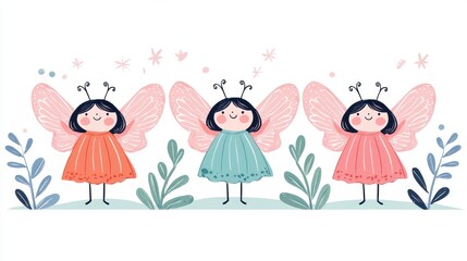 Cute and Colorful Cartoon Fairy Girls with Wings and Smiling Faces