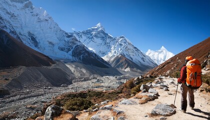 trekker in khumbu valley on a way to everest base camp