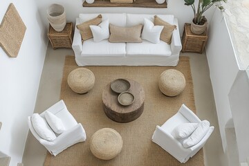 Open-plan living area, featuring a white sofa,  natural-toned accents, and  neutral color scheme  Elevated view