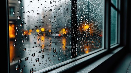 Obraz premium Raindrop on a window across cityscape with layered water texture concept. Raindrops on a window create a soothing atmosphere and view.