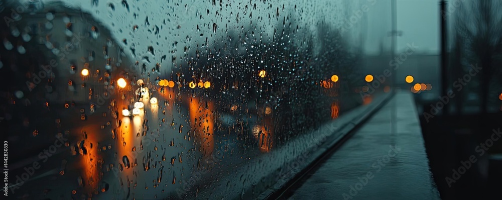 Poster raindrop on a window across cityscape with layered water texture concept. rainy street scene with gl