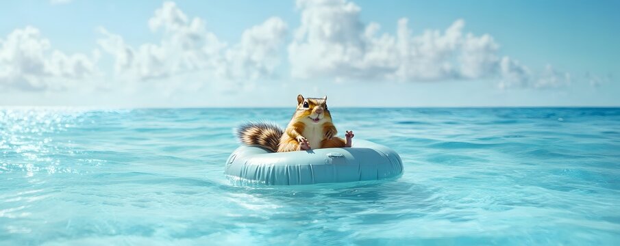 Relaxing squirrel floats peacefully on the sea in summer