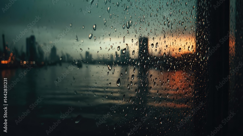 Poster raindrop on a window merging city atmosphere and rain pattern concept. raindrops on a window reflect