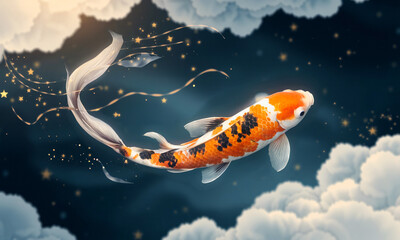 a koi fish swimming through the sky  Japanese folklore Generative AI
