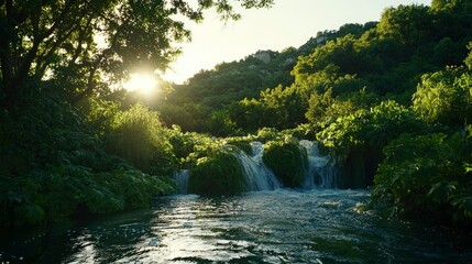 Naklejka premium Lush waterfall cascading through trees