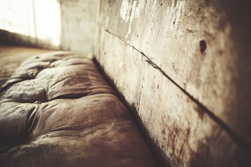 Obraz premium Aged leather bench against weathered wall Sunlight streams in