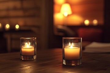 Two candles in clear glass holders on a wooden table, warm interior ambiance  Soft light, cozy scene