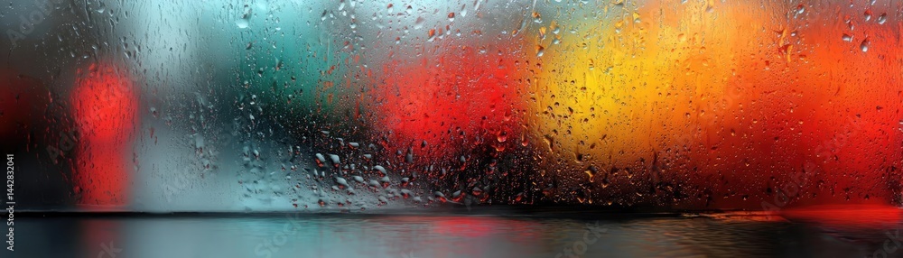 Poster raindrop on a window merging city atmosphere and rain pattern concept. abstract blurred view through
