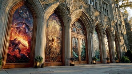 Fototapeta premium Majestic Entrance to Arcane Academy, showcasing towering stained glass windows illustrating legendary mages and epic ancient battles, inviting exploration and wonder.