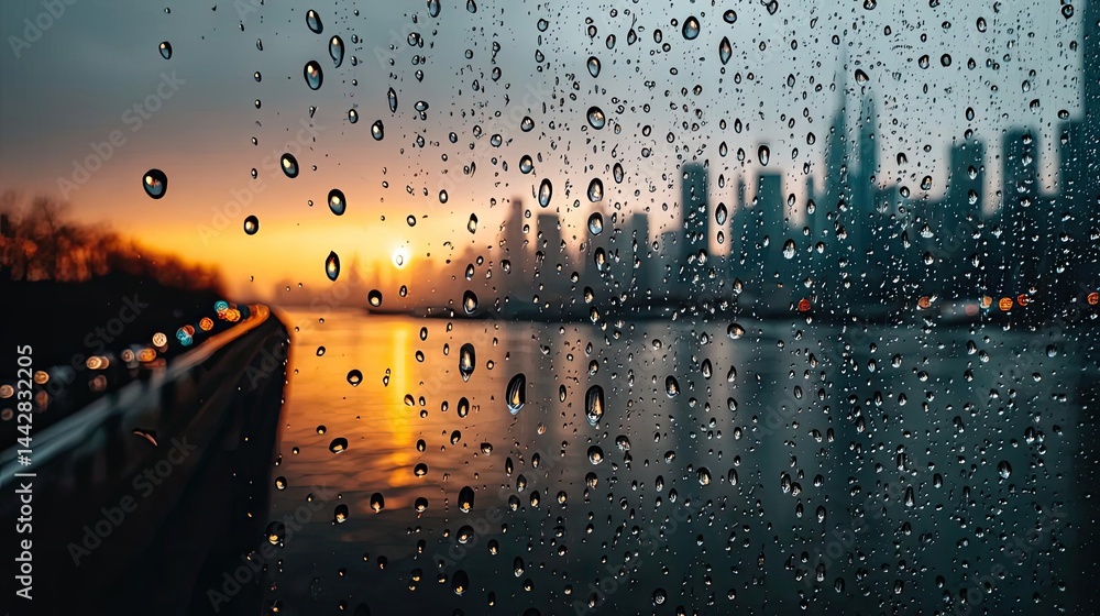 Poster raindrop on a window merging city atmosphere and rain pattern concept. raindrops on a window with a 