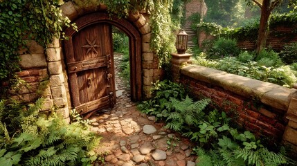 Naklejka premium Garden Entrance to Arcane Academy, lush greenery entwined with overgrown vines, unveiling an ornate golden gate, a serene park setting inviting exploration and discovery.