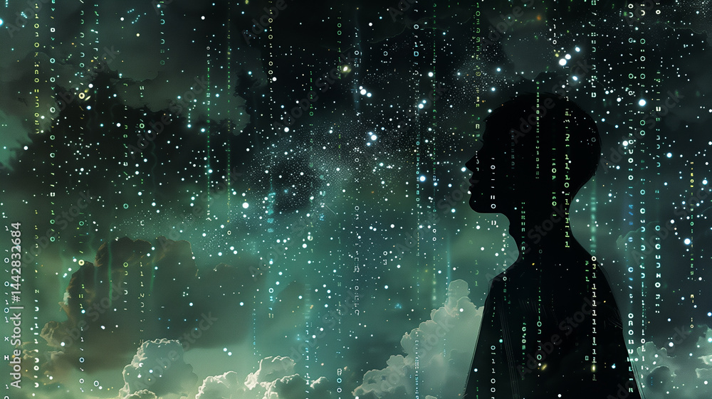 Aufkleber this silhouette contemplates the infinity of space while immersed in digital data and technology.
