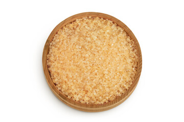 The brown sugar in wooden bowl isolated on white background. Top view. Flat lay