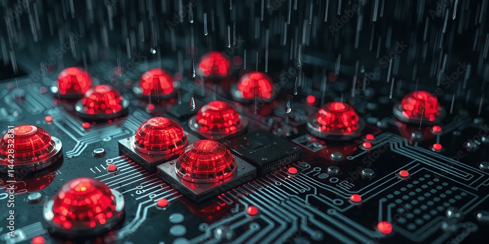 Poster red alert illuminated buttons on circuit board under rain