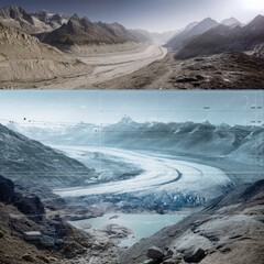 Obraz premium Dramatic time-lapse showing decades of glacier retreat with digital markers highlighting accelerating ice loss from climate change for education.