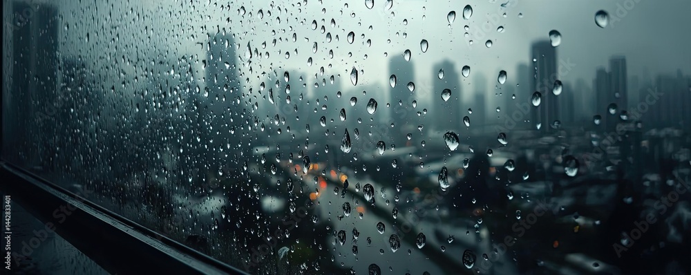 Poster raindrop on a window across cityscape with layered water texture concept. rainy cityscape view throu