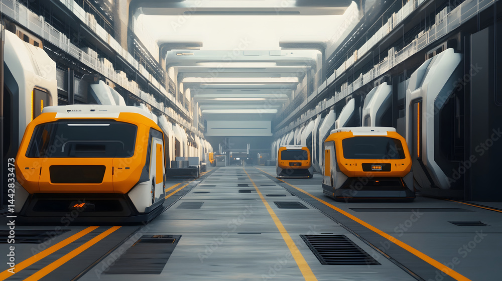 Poster futuristic logistics hub with automated robotic and self-driving systems