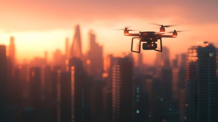 Drone Delivering Package over City Skyline