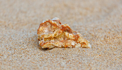 A rock is laying on the sand