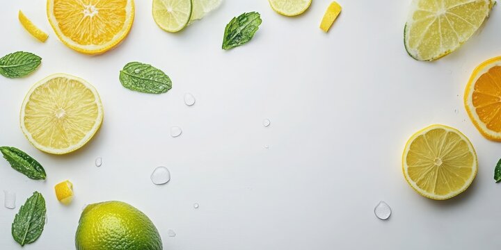 A refreshing water layout with fresh citrus, isolated on white.